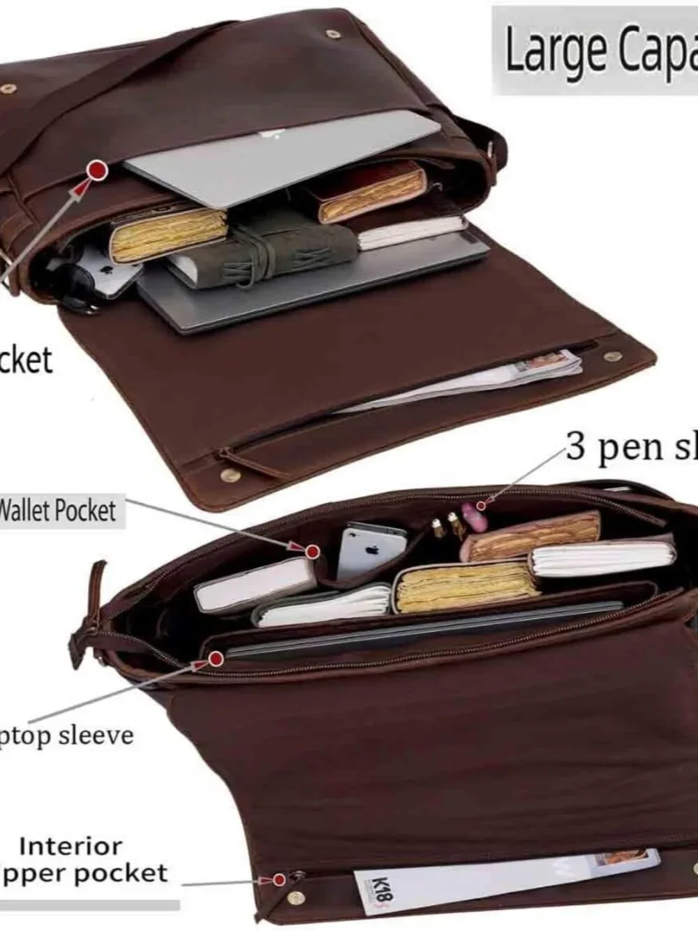 Men's Brown Genuine Leather Vintage Crossbody Metal Zipper Messenger Hand  Bag